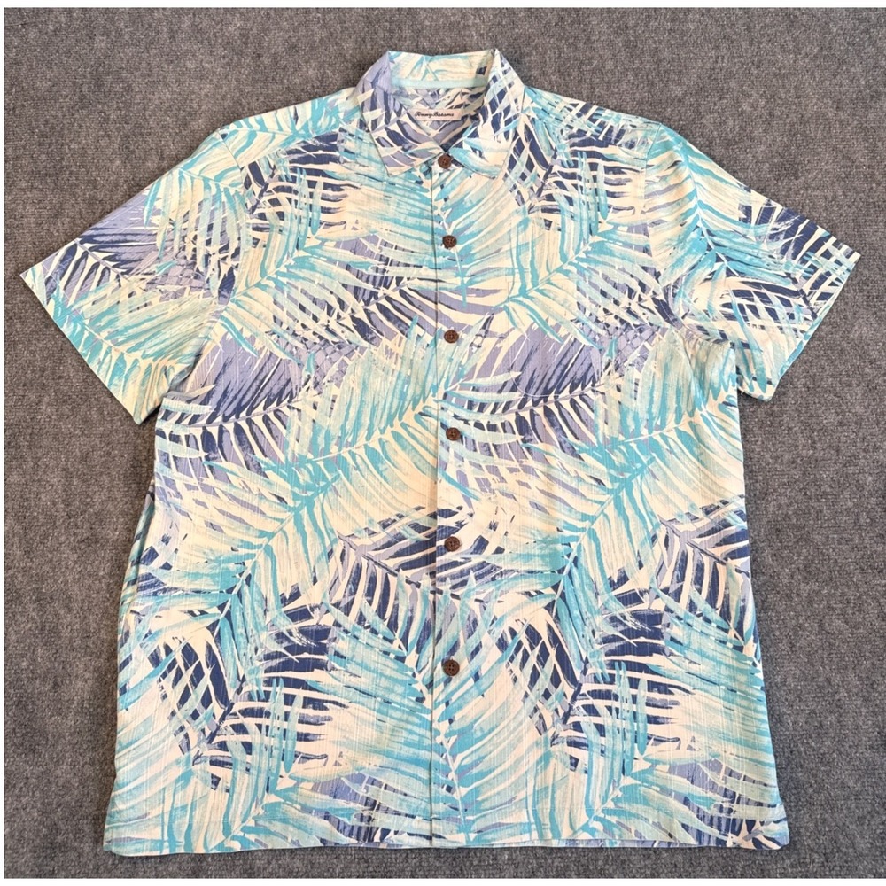 Tommy Bahama IslandZone Mens Large Silk Blend Blue Tropical Palm Button Up Shirt